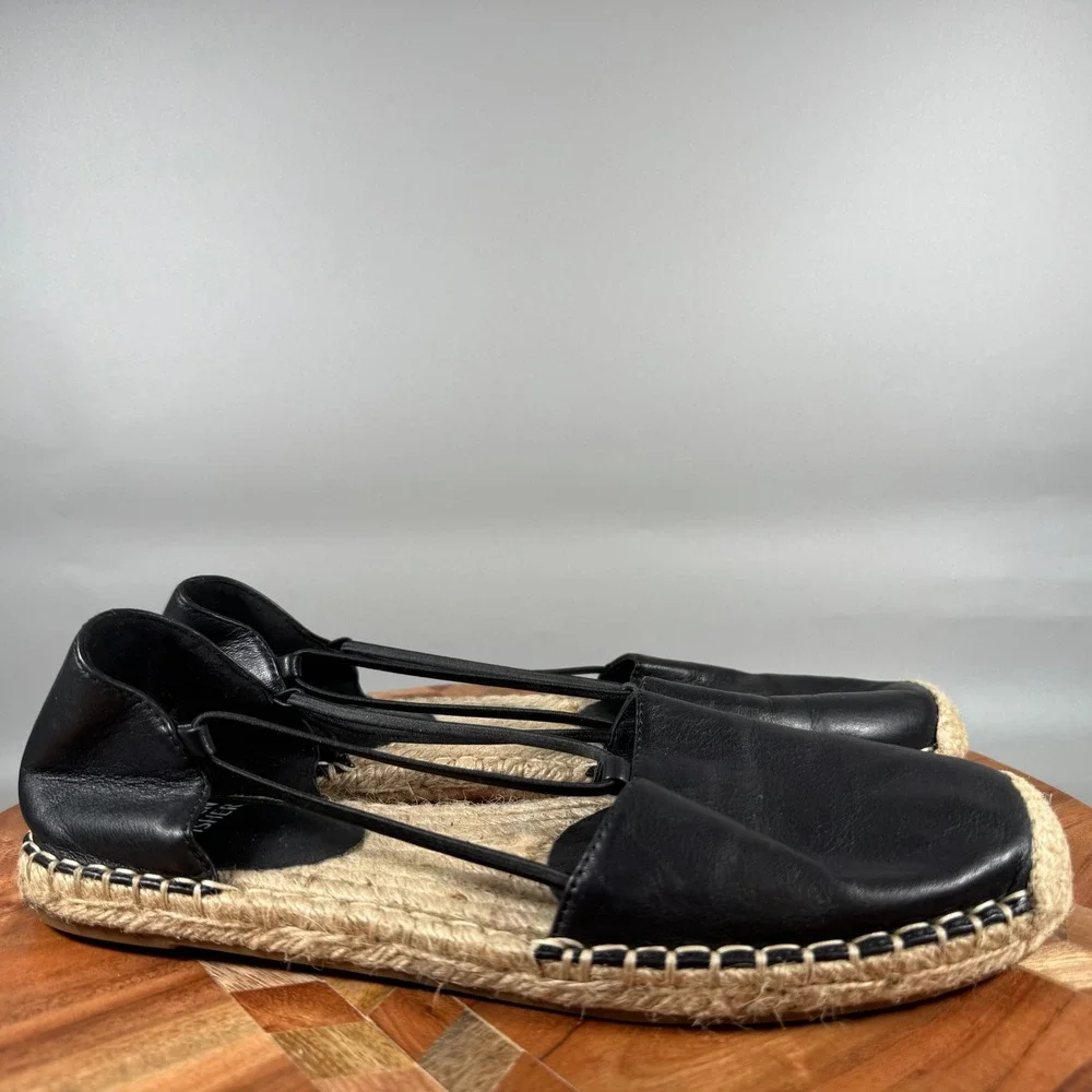 Eileen Fisher Black Leather Espadrille Flats Women 8.5 Strappy Jute Round Toe